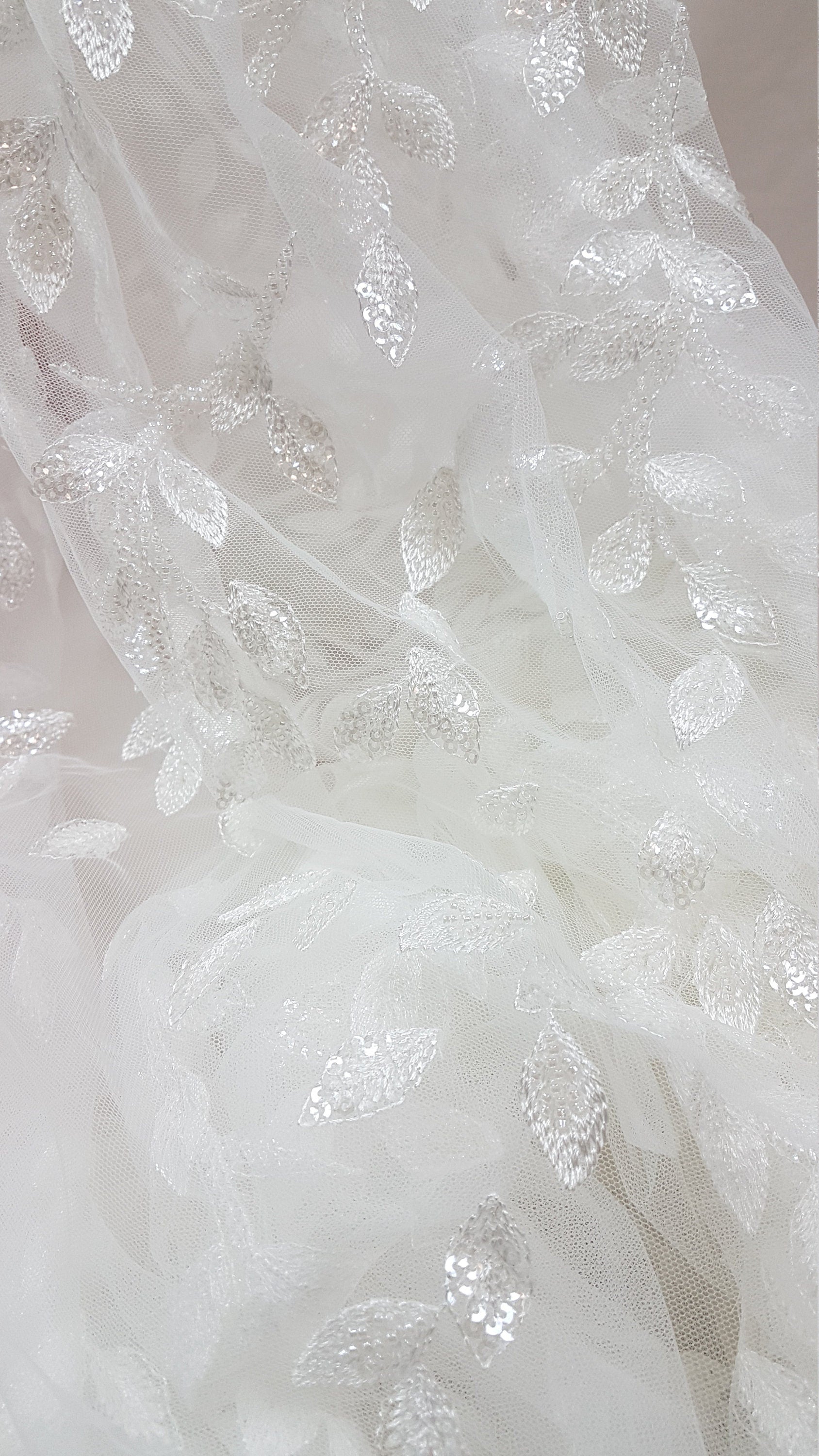 Beautiful white lace fabric with leaf design and transparent sequins, wedding lace, bridal lace, embellished tulle fabric LL-1101