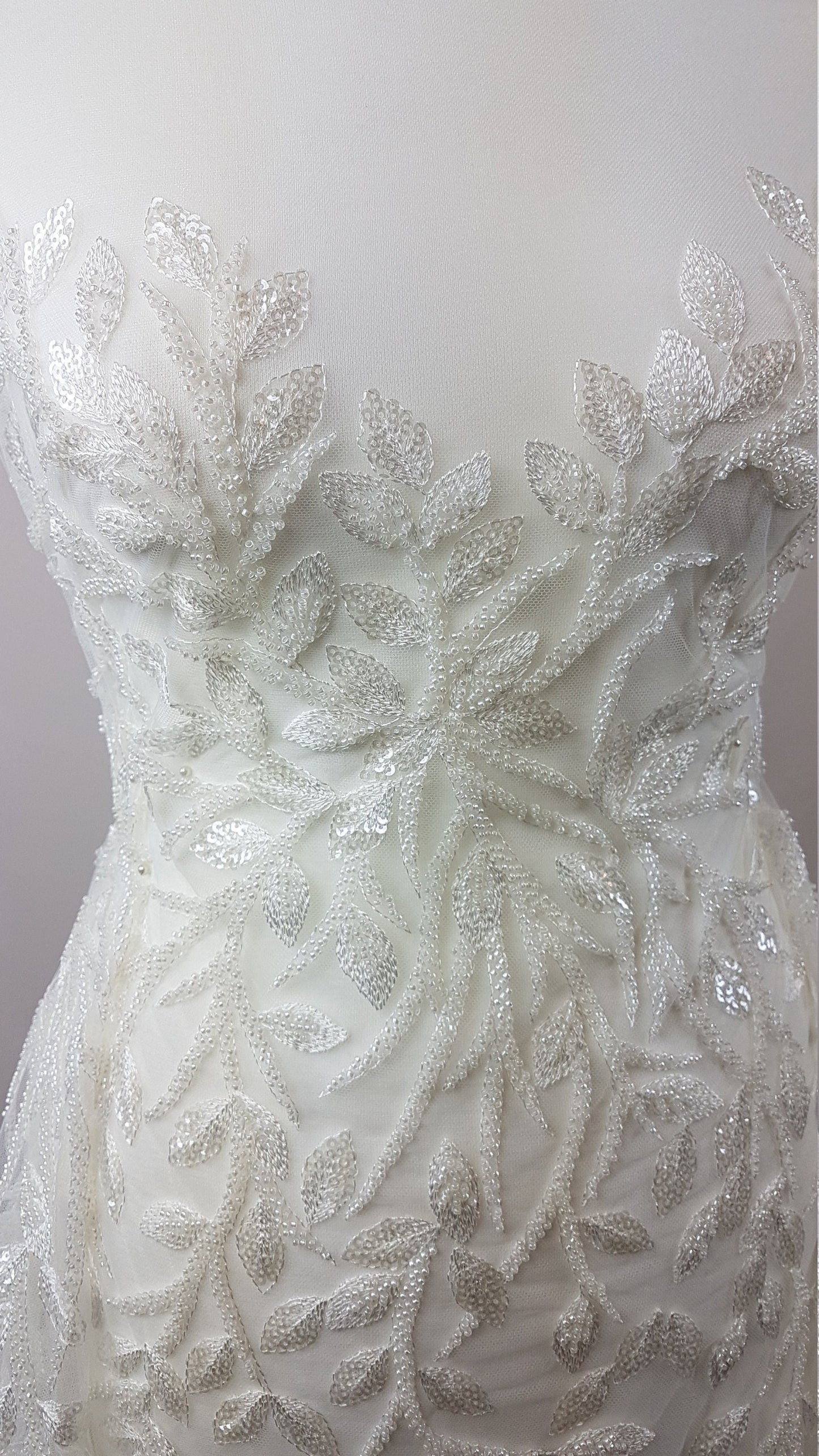 Beautiful white lace fabric with leaf design and transparent sequins, wedding lace, bridal lace, embellished tulle fabric LL-1101