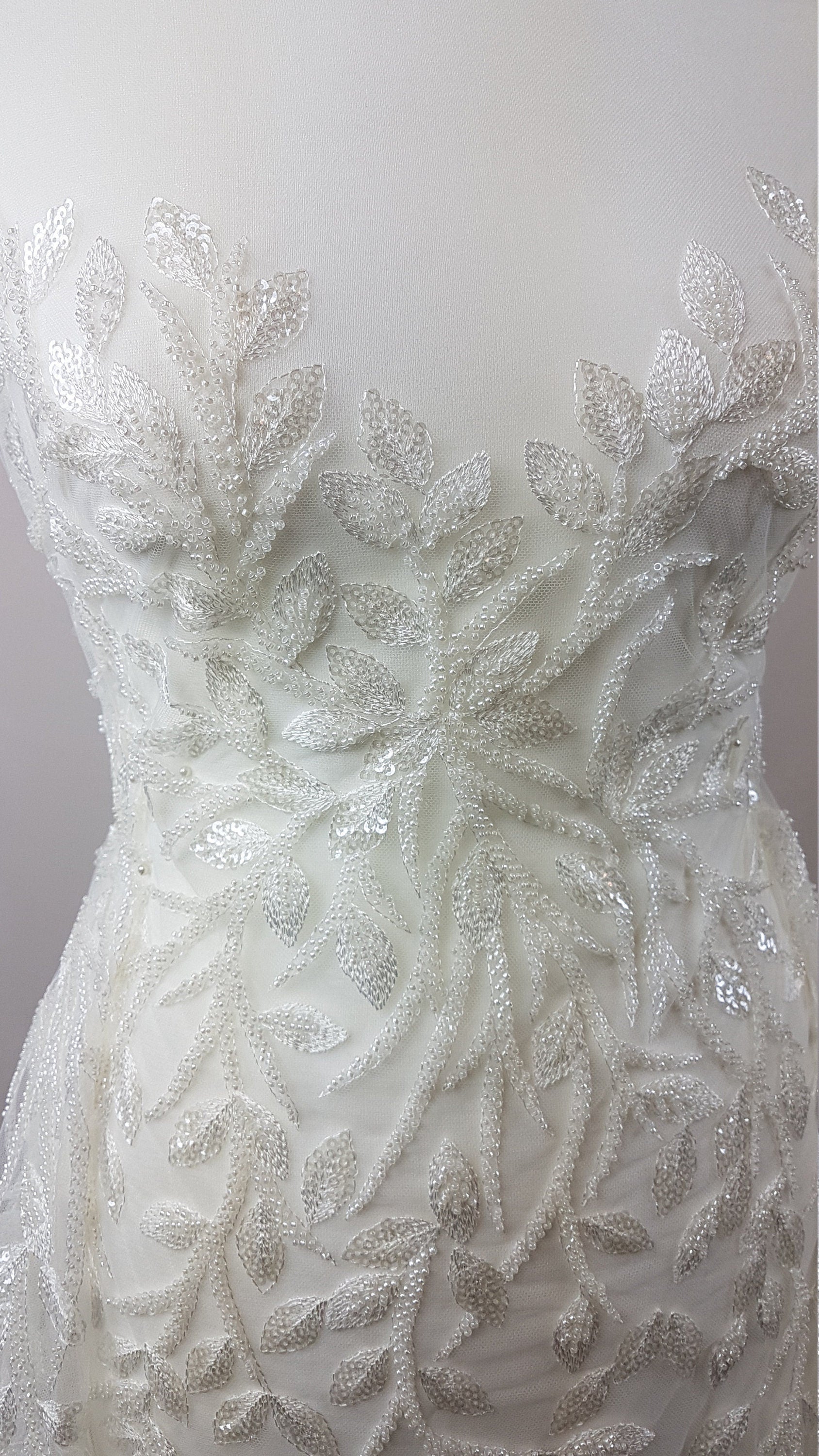 Beautiful white lace fabric with leaf design and transparent sequins, wedding lace, bridal lace, embellished tulle fabric LL-1101