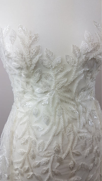 Beautiful white lace fabric with leaf design and transparent sequins, wedding lace, bridal lace, embellished tulle fabric LL-1101