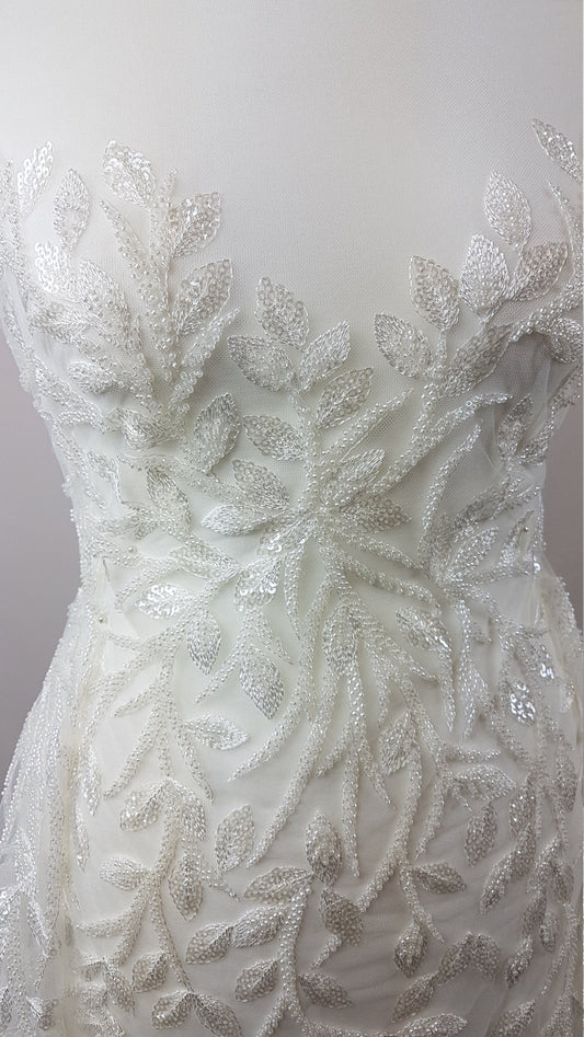Beautiful white lace fabric with leaf design and transparent sequins, wedding lace, bridal lace, embellished tulle fabric LL-1101