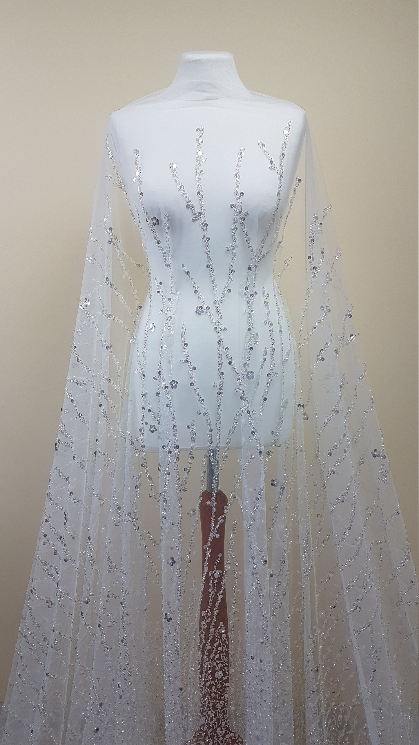 Gorgeous fabric in modern design, white tulle fabric with shiny sequins and beads in silver color, bridal tulle, wedding tulle LL-1147