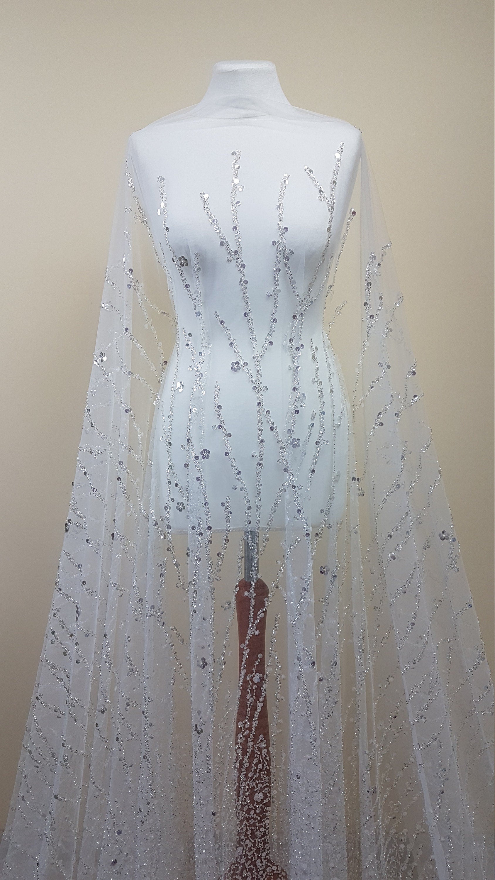 Gorgeous fabric in modern design, white tulle fabric with shiny sequins and beads in silver color, bridal tulle, wedding tulle LL-1147