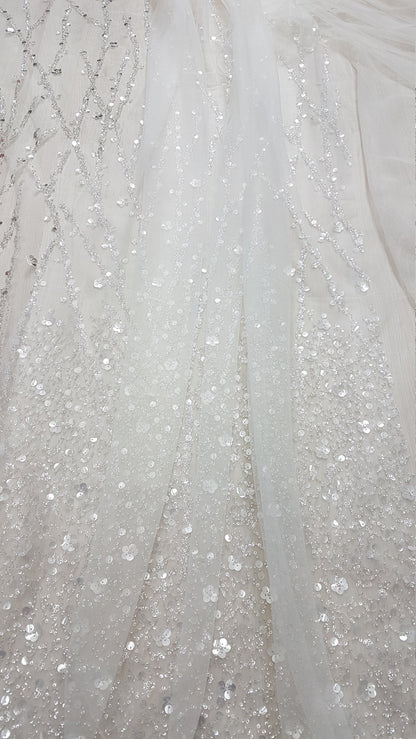 Gorgeous fabric in modern design, white tulle fabric with shiny sequins and beads in silver color, bridal tulle, wedding tulle LL-1147