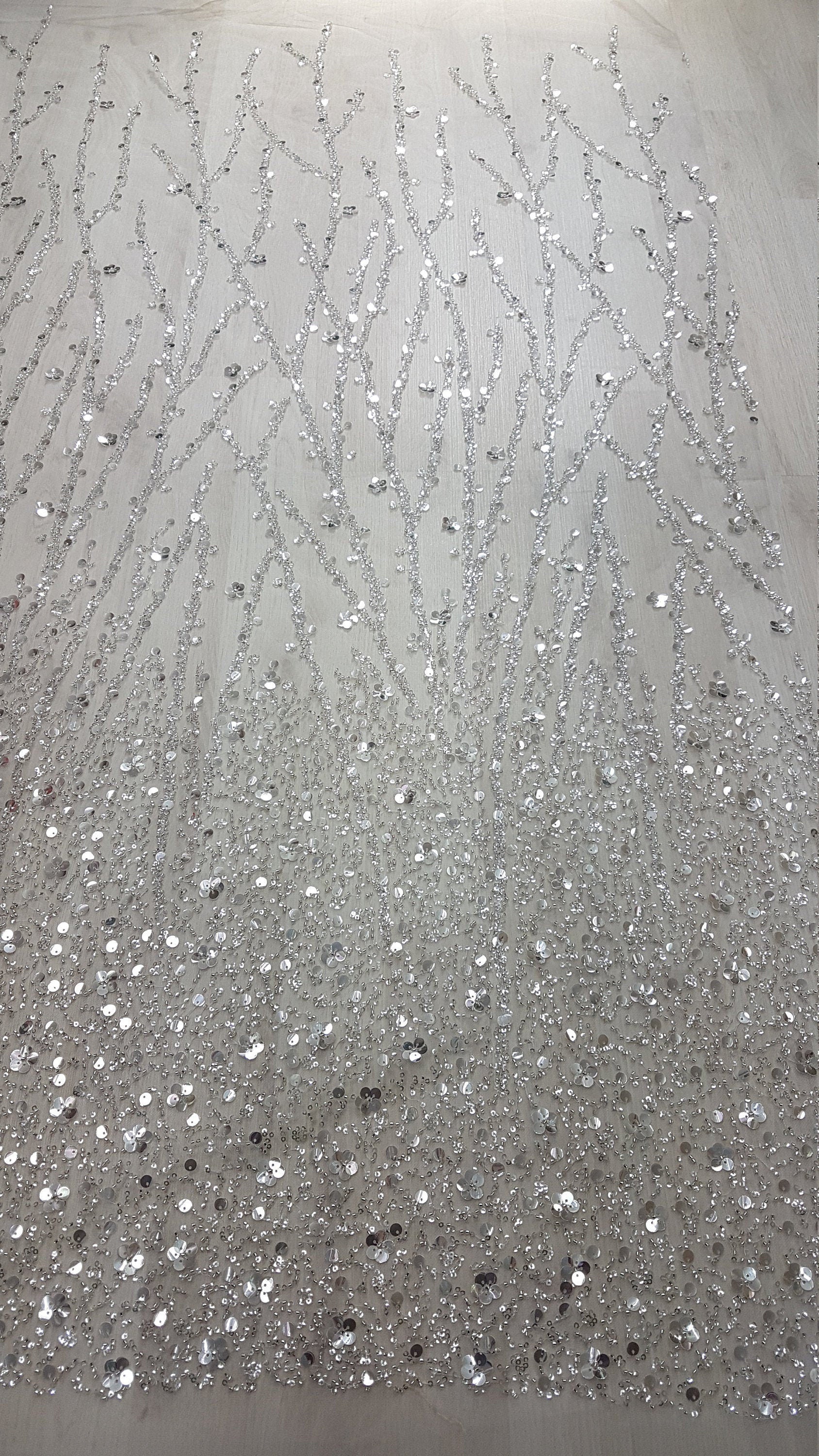 Gorgeous fabric in modern design, white tulle fabric with shiny sequins and beads in silver color, bridal tulle, wedding tulle LL-1147