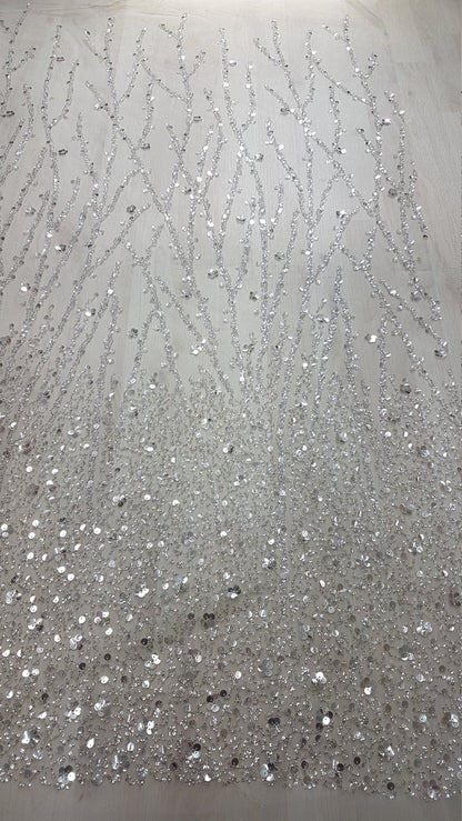 Gorgeous fabric in modern design, white tulle fabric with shiny sequins and beads in silver color, bridal tulle, wedding tulle LL-1147