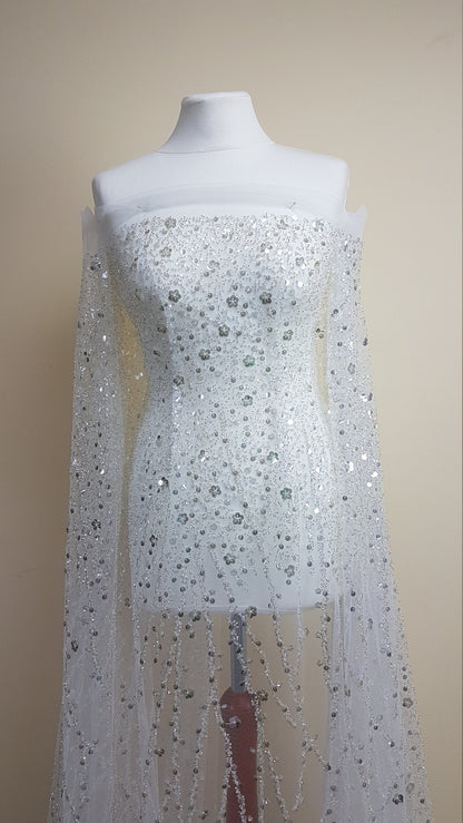 Gorgeous fabric in modern design, white tulle fabric with shiny sequins and beads in silver color, bridal tulle, wedding tulle LL-1147