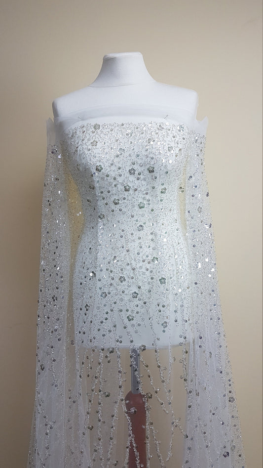 Gorgeous fabric in modern design, white tulle fabric with shiny sequins and beads in silver color, bridal tulle, wedding tulle LL-1147