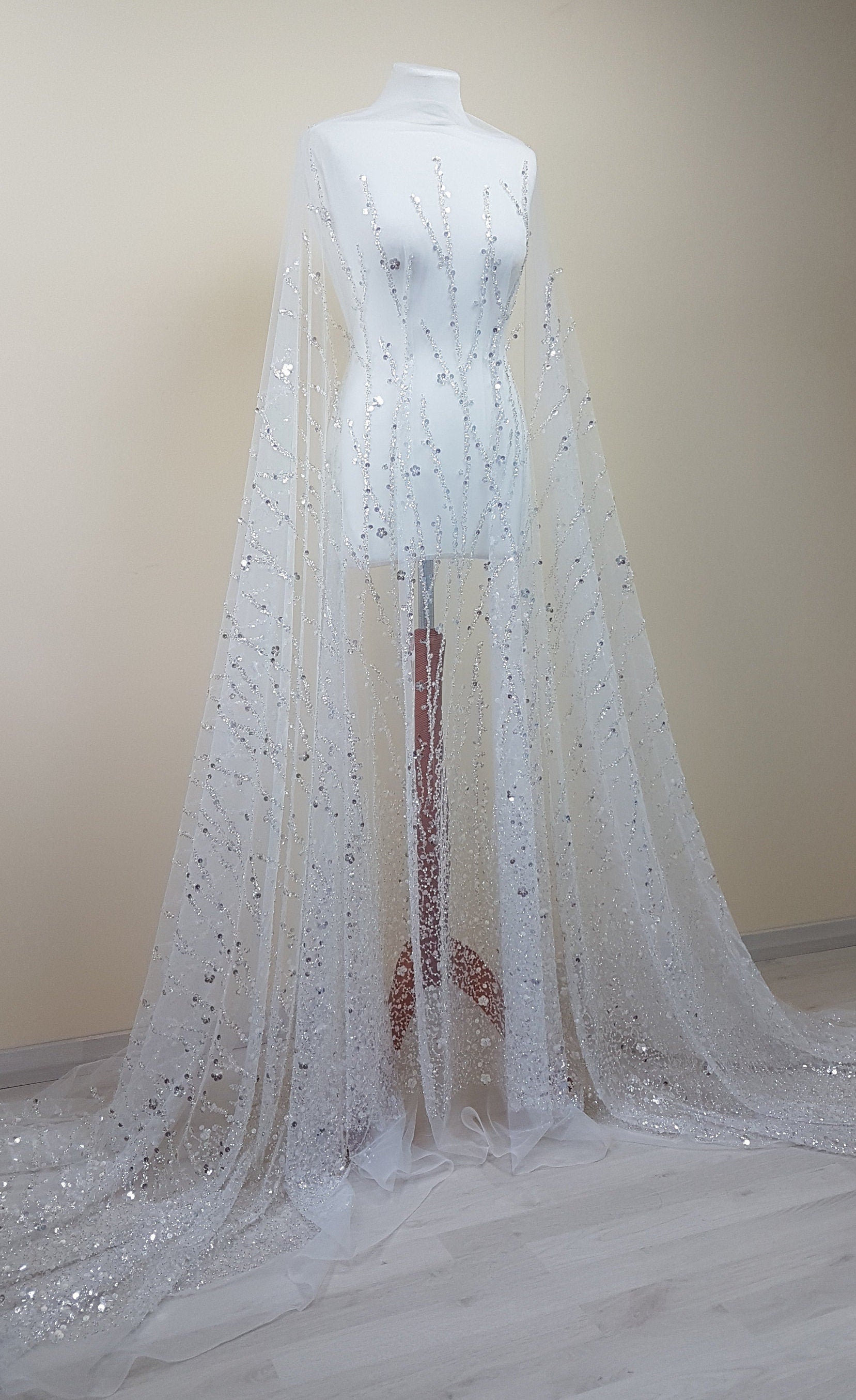 Gorgeous fabric in modern design, white tulle fabric with shiny sequins and beads in silver color, bridal tulle, wedding tulle LL-1147