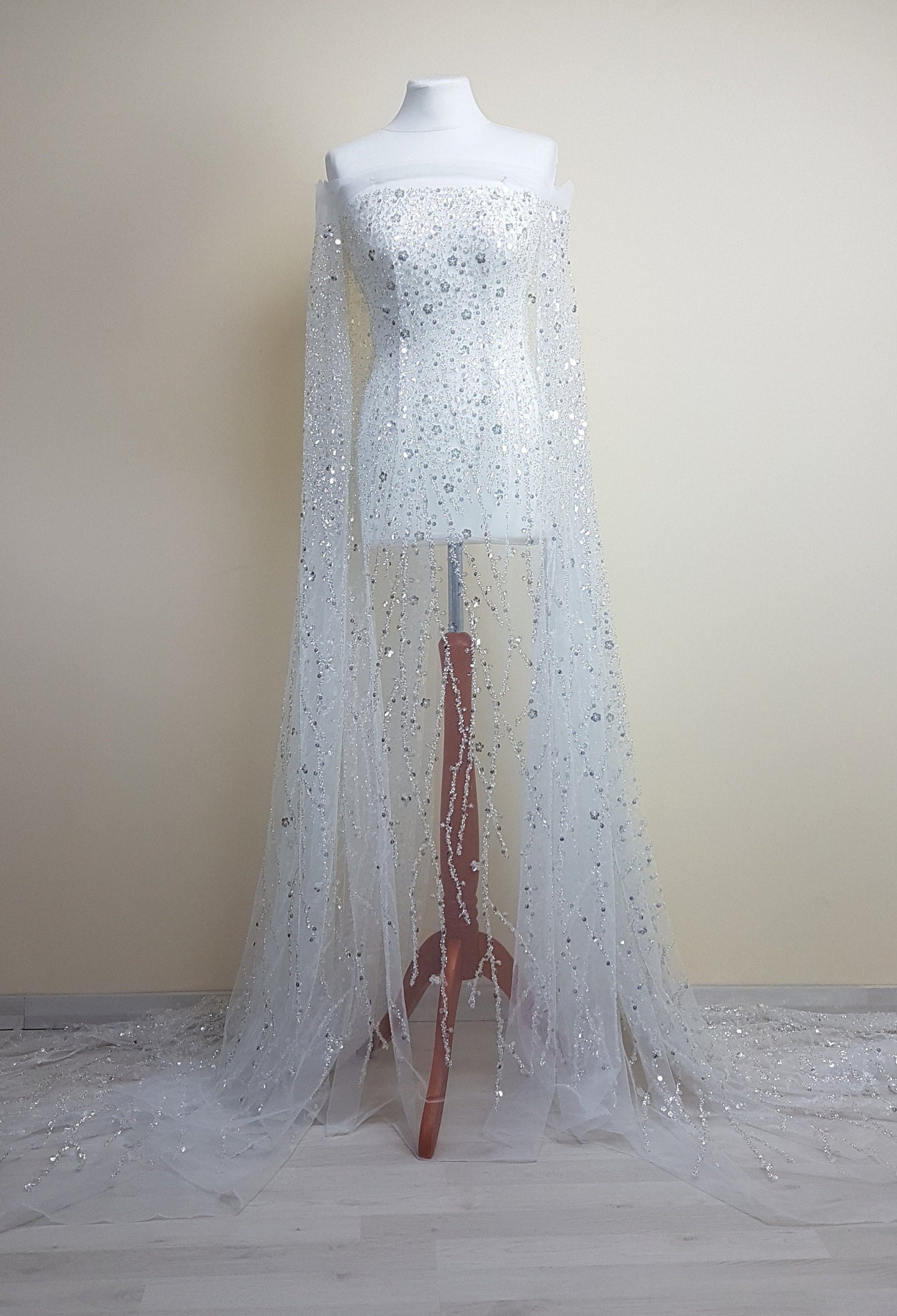 Gorgeous fabric in modern design, white tulle fabric with shiny sequins and beads in silver color, bridal tulle, wedding tulle LL-1147