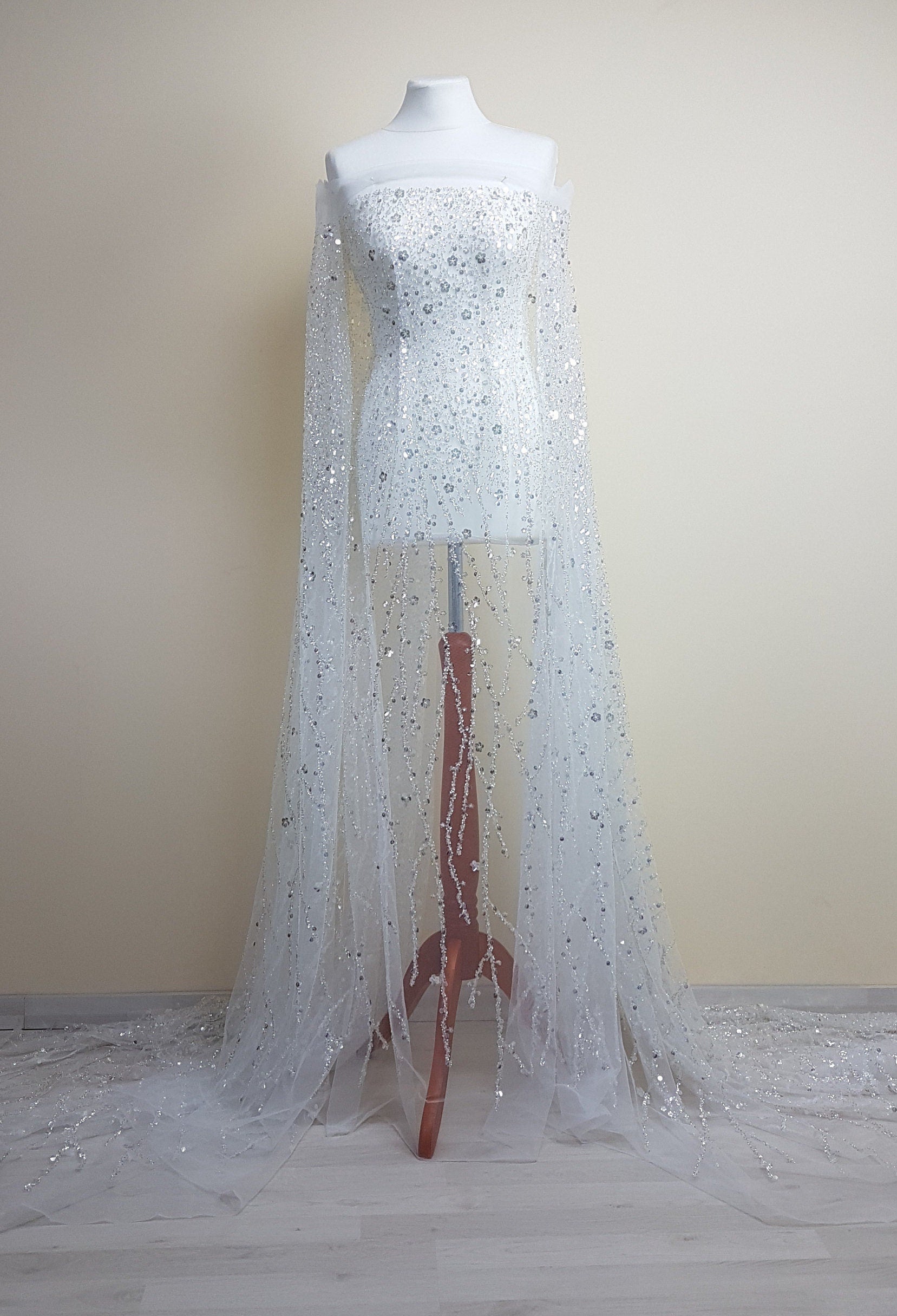 Gorgeous fabric in modern design, white tulle fabric with shiny sequins and beads in silver color, bridal tulle, wedding tulle LL-1147