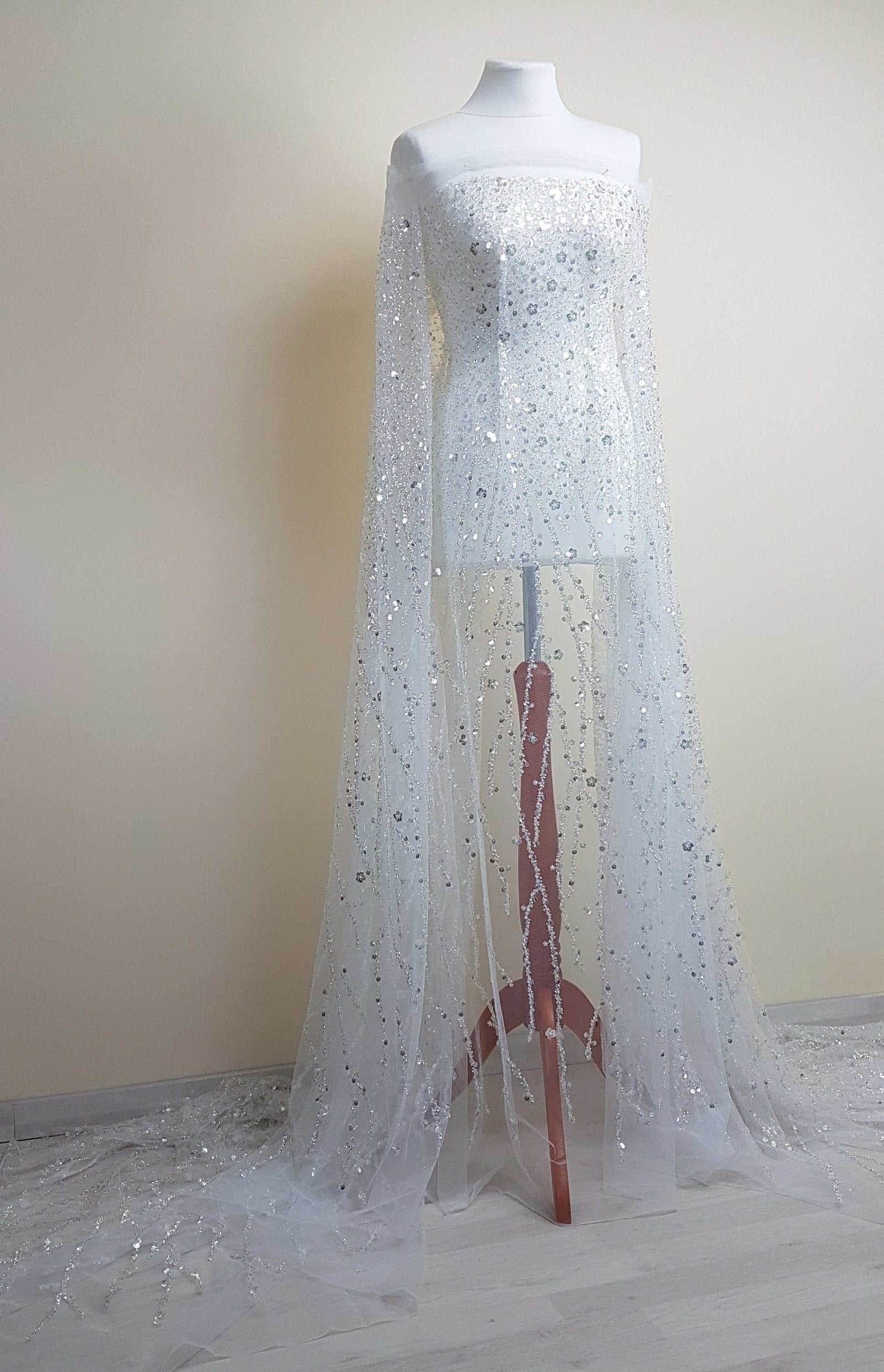 Gorgeous fabric in modern design, white tulle fabric with shiny sequins and beads in silver color, bridal tulle, wedding tulle LL-1147