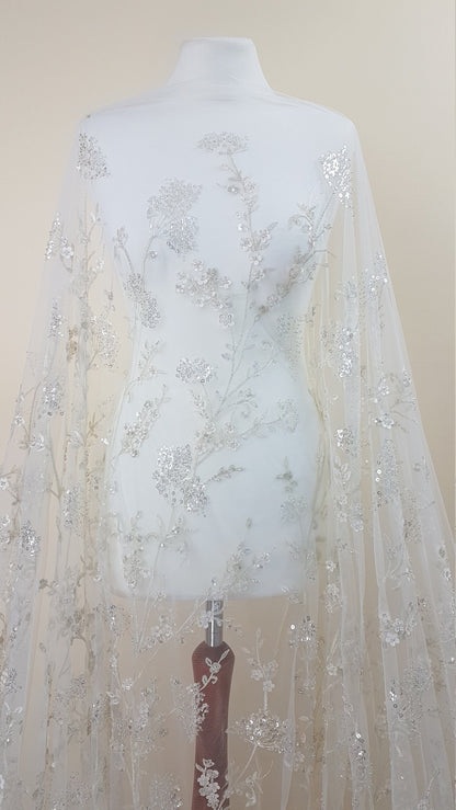 Gorgeous sparkling flower lace with beads and transparent sequins, wedding lace fabric, bridal lace, embroidery lace LL-1168