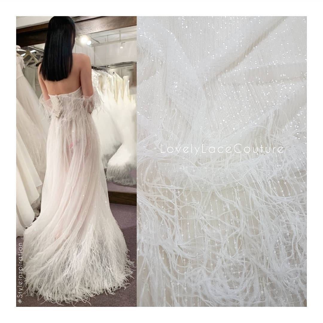 Stunning 3D French Lace Fabric in white with feathers and sequins, wedding lace fabric, bridal lace fabric, embroidery lace fabric LL-1110