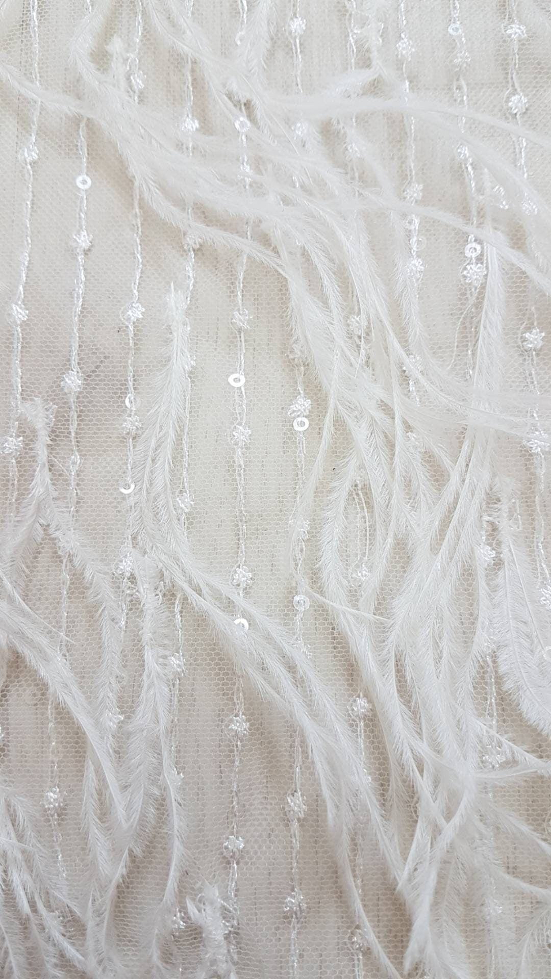 Stunning 3D French Lace Fabric in white with feathers and sequins, wedding lace fabric, bridal lace fabric, embroidery lace fabric LL-1110
