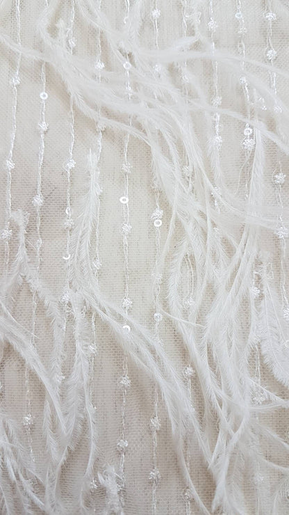 Stunning 3D French Lace Fabric in white with feathers and sequins, wedding lace fabric, bridal lace fabric, embroidery lace fabric LL-1110