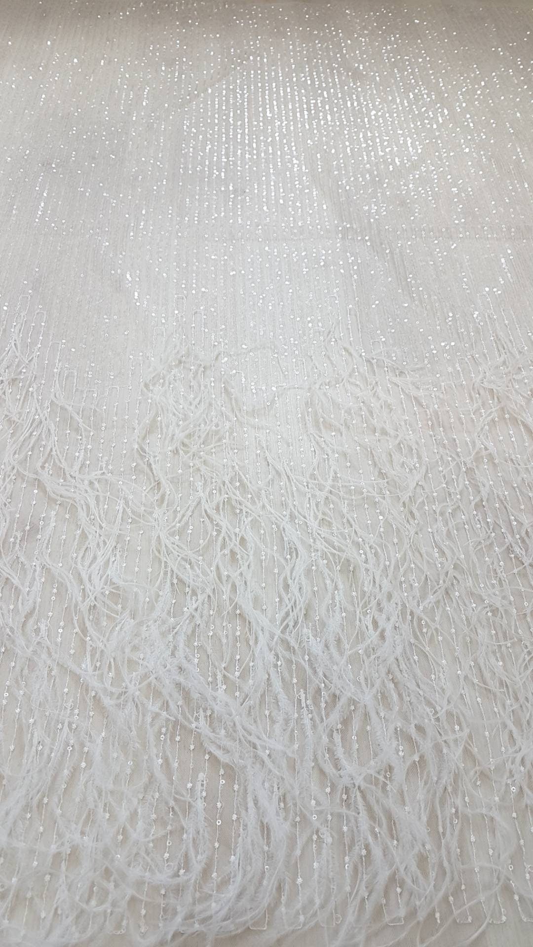 Stunning 3D French Lace Fabric in white with feathers and sequins, wedding lace fabric, bridal lace fabric, embroidery lace fabric LL-1110