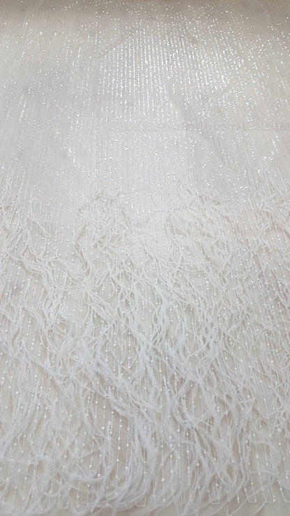 Stunning 3D French Lace Fabric in white with feathers and sequins, wedding lace fabric, bridal lace fabric, embroidery lace fabric LL-1110