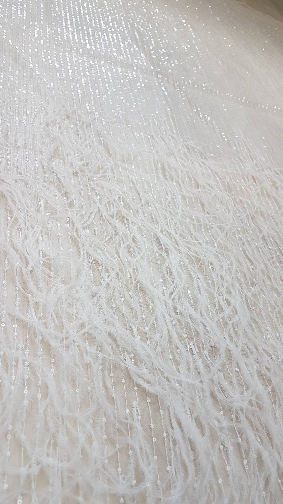 Stunning 3D French Lace Fabric in white with feathers and sequins, wedding lace fabric, bridal lace fabric, embroidery lace fabric LL-1110