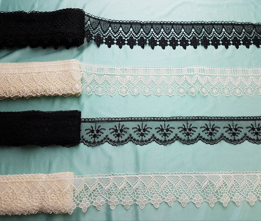Spitzenbänder in off-white und schwarz, Spitzenbesatz, Spitzenbordüre, Häkelspitze, Dekoration, Kleider, Brautkleider, Abendkleider