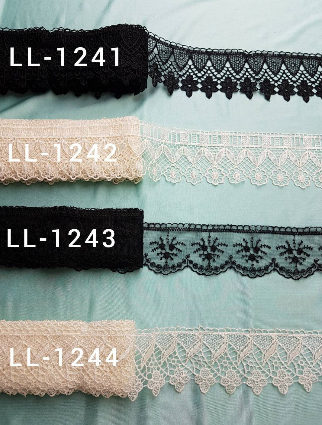Spitzenbänder in off-white und schwarz, Spitzenbesatz, Spitzenbordüre, Häkelspitze, Dekoration, Kleider, Brautkleider, Abendkleider