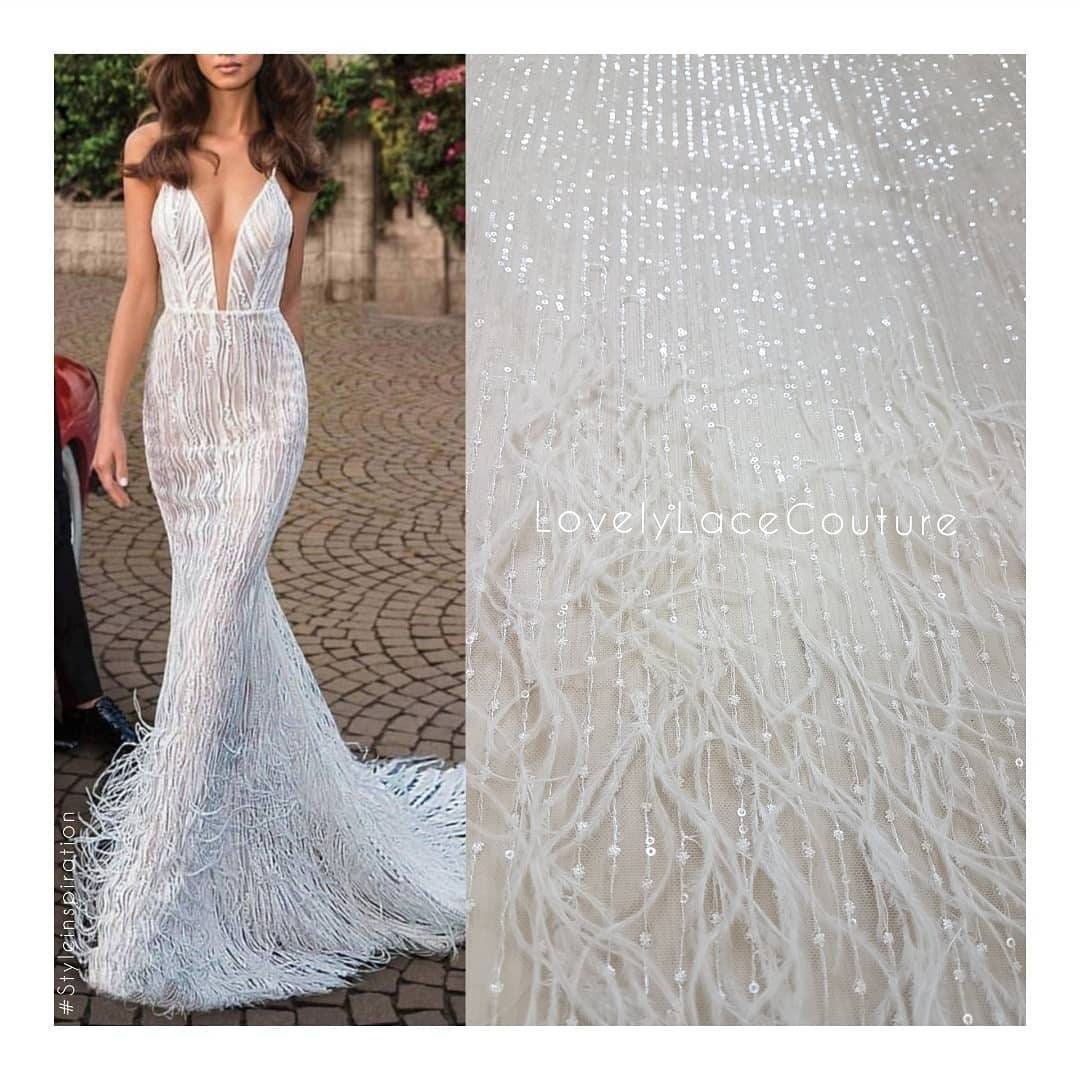 Stunning 3D French Lace Fabric in white with feathers and sequins, wedding lace fabric, bridal lace fabric, embroidery lace fabric LL-1110