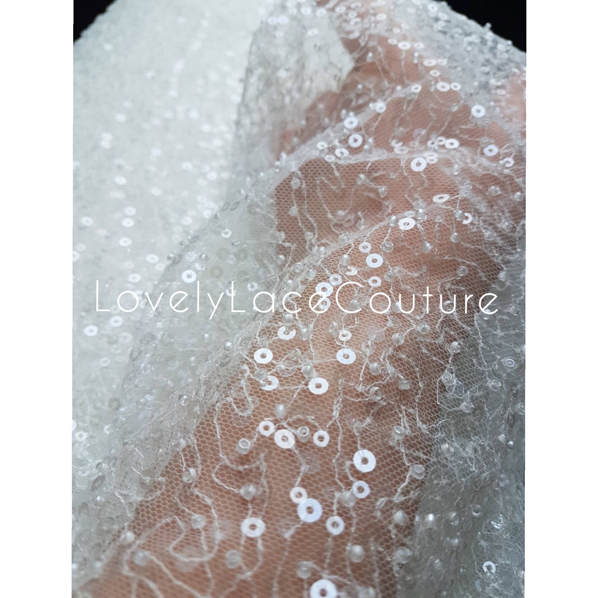 Exquisite beaded bridal lace fabric with sequins, High Quality Lace Fabric, luxurious beaded wedding dress lace, Designer Lace LL-1290
