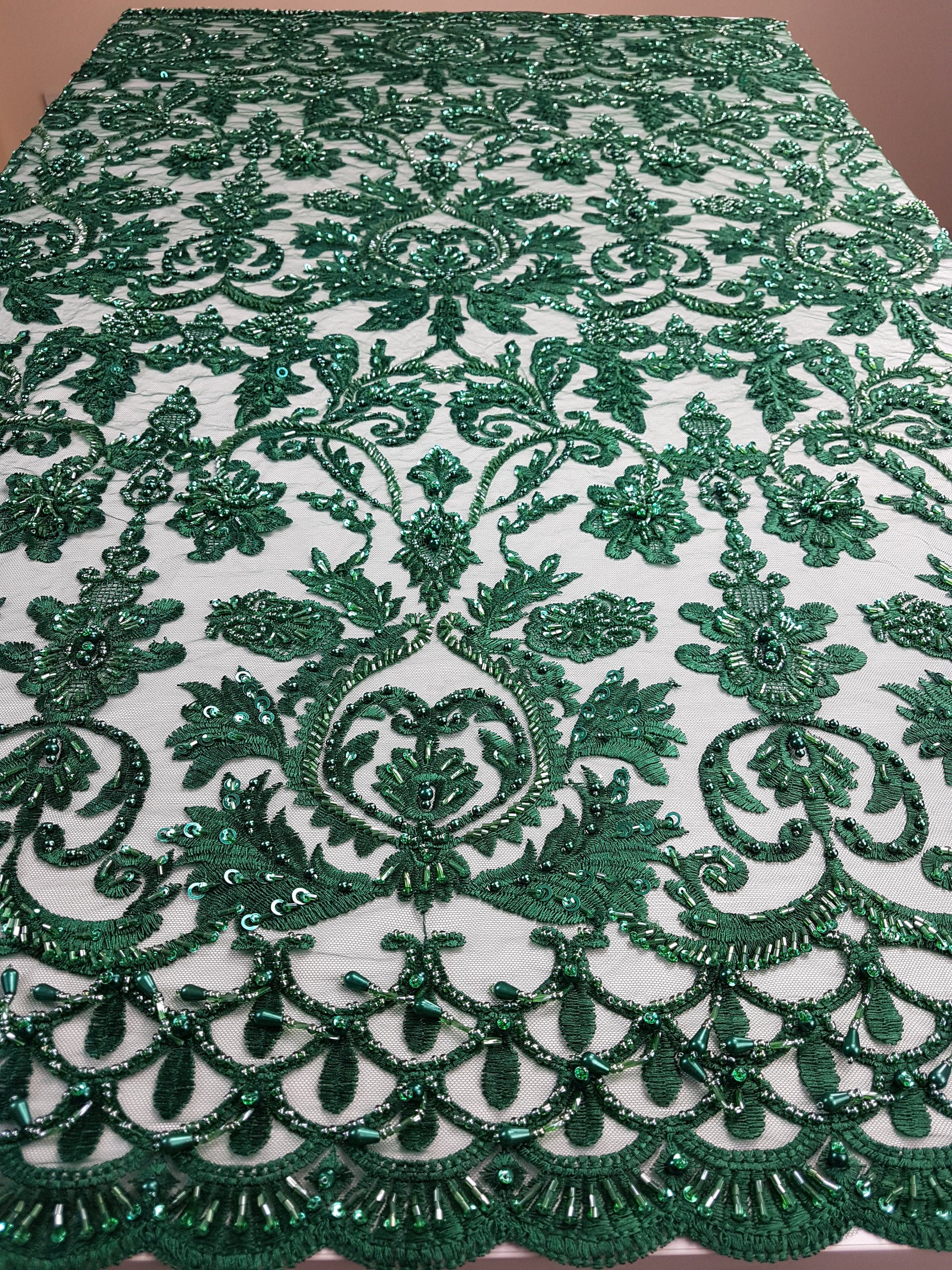 3D-Handbeaded Ornamental Lace Fabric with Flowers, couture lace, bridal lace, evening dress fabric, embroidery fabric, Net lace LL-1293