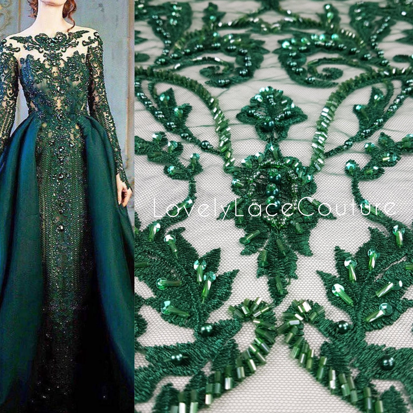 3D-Handbeaded Ornamental Lace Fabric with Flowers, couture lace, bridal lace, evening dress fabric, embroidery fabric, Net lace LL-1293
