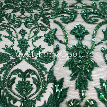 3D-Handbeaded Ornamental Lace Fabric with Flowers, couture lace, bridal lace, evening dress fabric, embroidery fabric, Net lace LL-1293