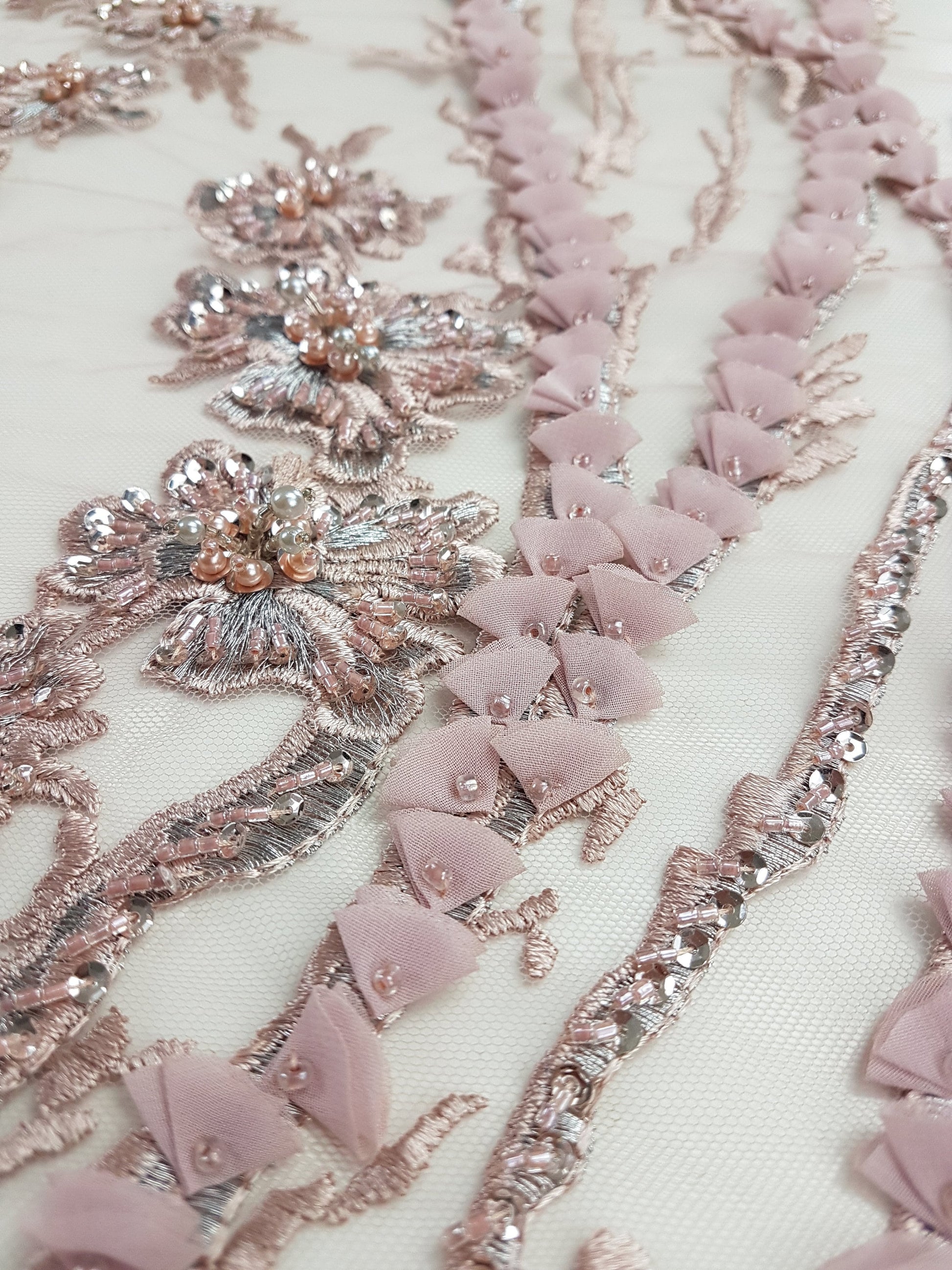 3D-Handbeaded Lace Fabric with Flowers, couture lace, bridal lace, evening dress fabric, embroidery fabric, Net lace LL-1294