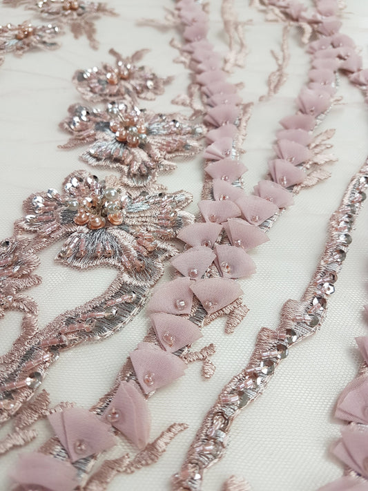3D-Handbeaded Lace Fabric with Flowers, couture lace, bridal lace, evening dress fabric, embroidery fabric, Net lace LL-1294