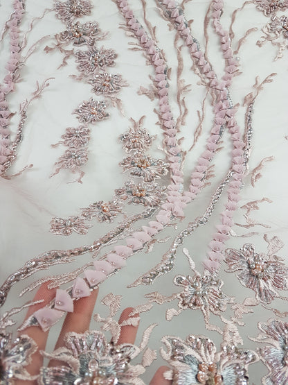 3D-Handbeaded Lace Fabric with Flowers, couture lace, bridal lace, evening dress fabric, embroidery fabric, Net lace LL-1294