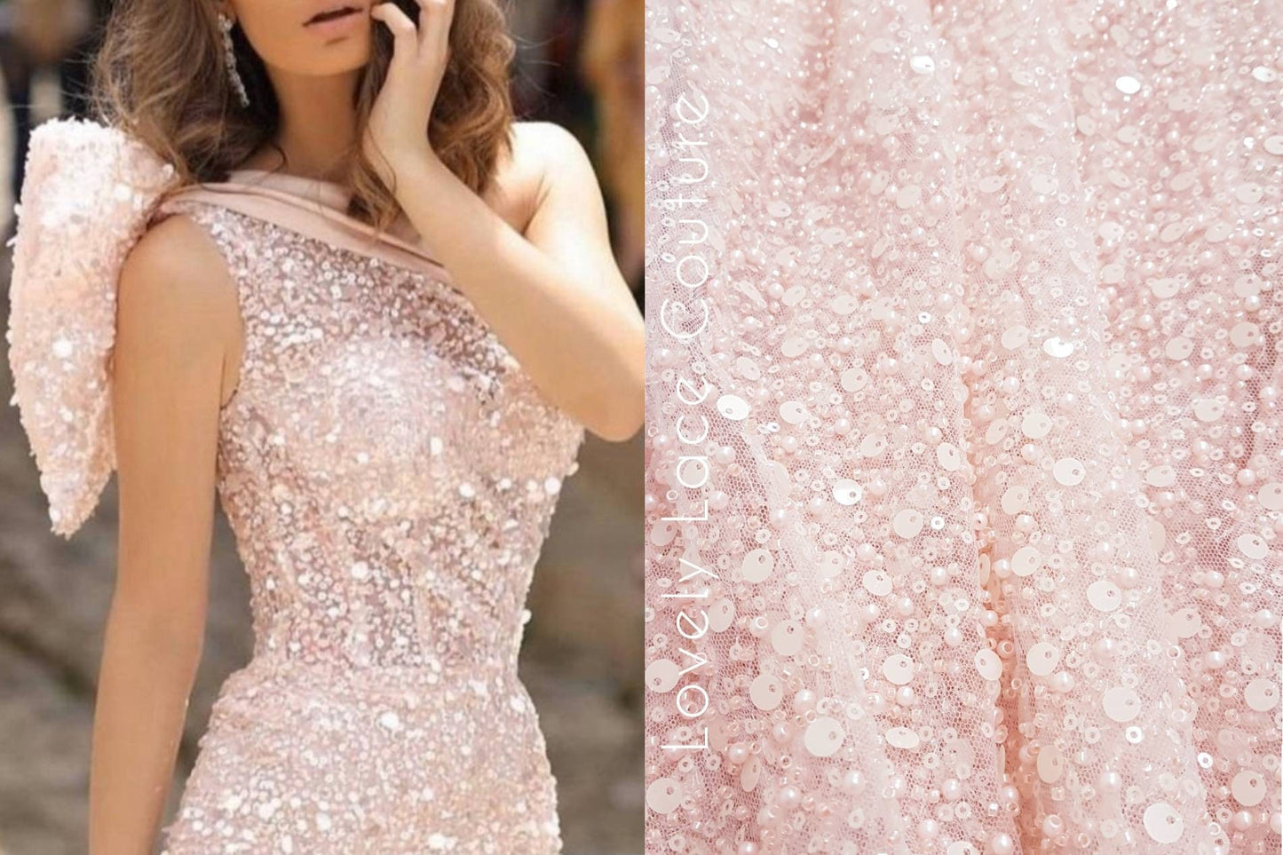Amazing beaded bridal lace fabric with big sequins in rosé, Pallas Couture Lace Fabric, luxurious beaded wedding lace, designer lace LL-1296