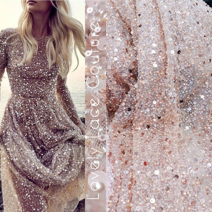 Amazing beaded bridal lace fabric with big sequins, Pallas Couture Lace Fabric, luxurious beaded wedding dress lace, designer lace LL-1297
