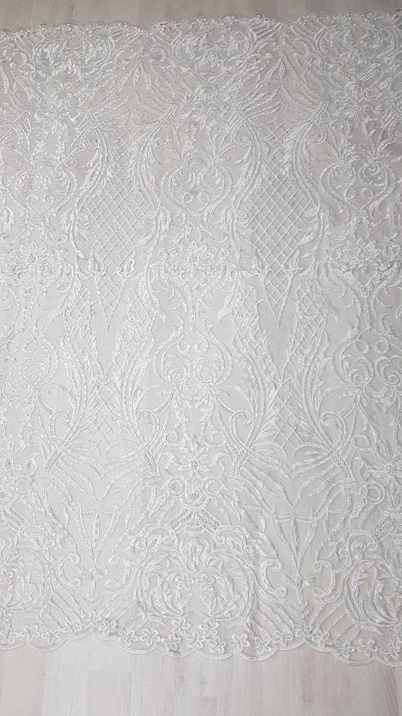 Beautiful ornamental lace fabric in ivory color, Bridal lace fabric, Embroidered lace fabric for wedding dresses or evening dresses LL-1140