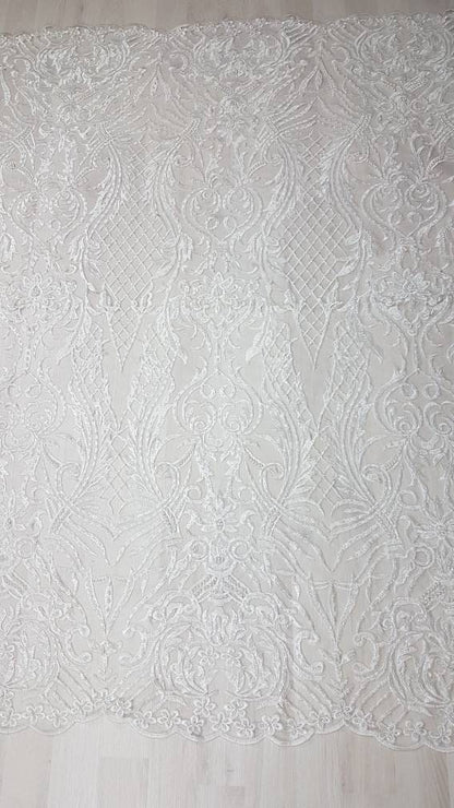 Beautiful ornamental lace fabric in ivory color, Bridal lace fabric, Embroidered lace fabric for wedding dresses or evening dresses LL-1140