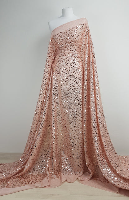 rosé mesh fabric with shiny sequins in roségold, slightly stretchy, knit fabric for dresses, tops, trousers or jumpsutis LL-1304