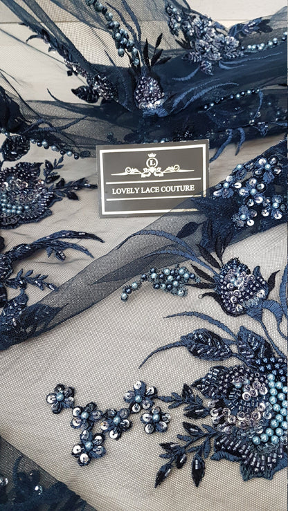 Gorgeous 3DHandbeaded Lace Fabric with Flowers, couture lace, colored bridal lace, evening dress fabric, embroidery fabric, Net lace LL-1305