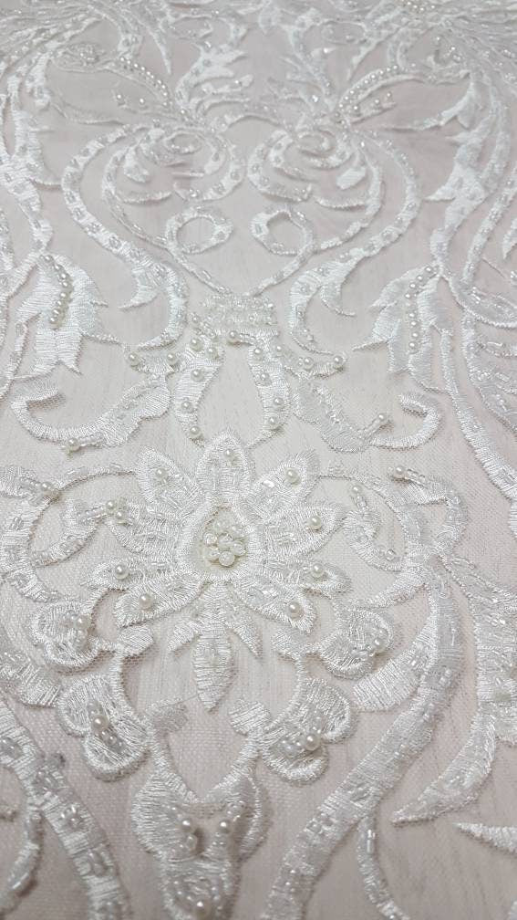 Beautiful ornamental lace fabric in ivory color, Bridal lace fabric, Embroidered lace fabric for wedding dresses or evening dresses LL-1140