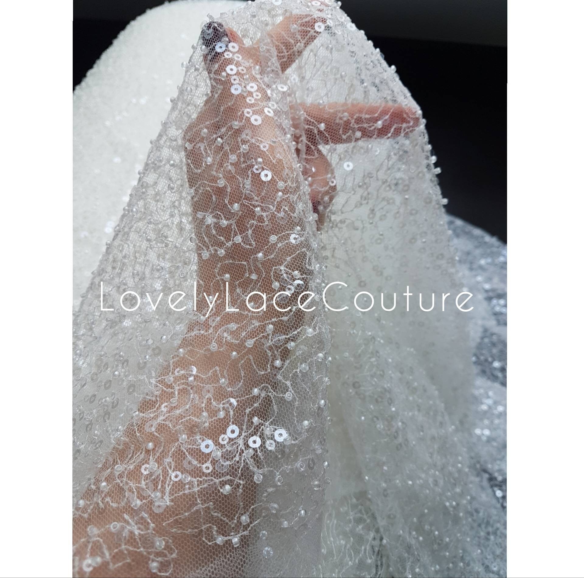 Exquisite beaded bridal lace fabric with sequins, High Quality Lace Fabric, luxurious beaded wedding dress lace, Designer Lace LL-1290