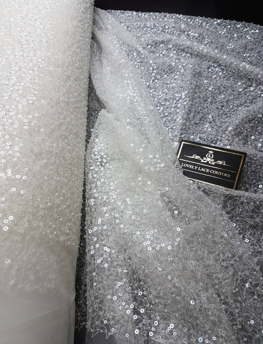 beaded lace fabric in off-white color