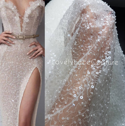 Exquisite beaded bridal lace fabric with sequins, High Quality Lace Fabric, luxurious beaded wedding dress lace, Designer Lace LL-1290