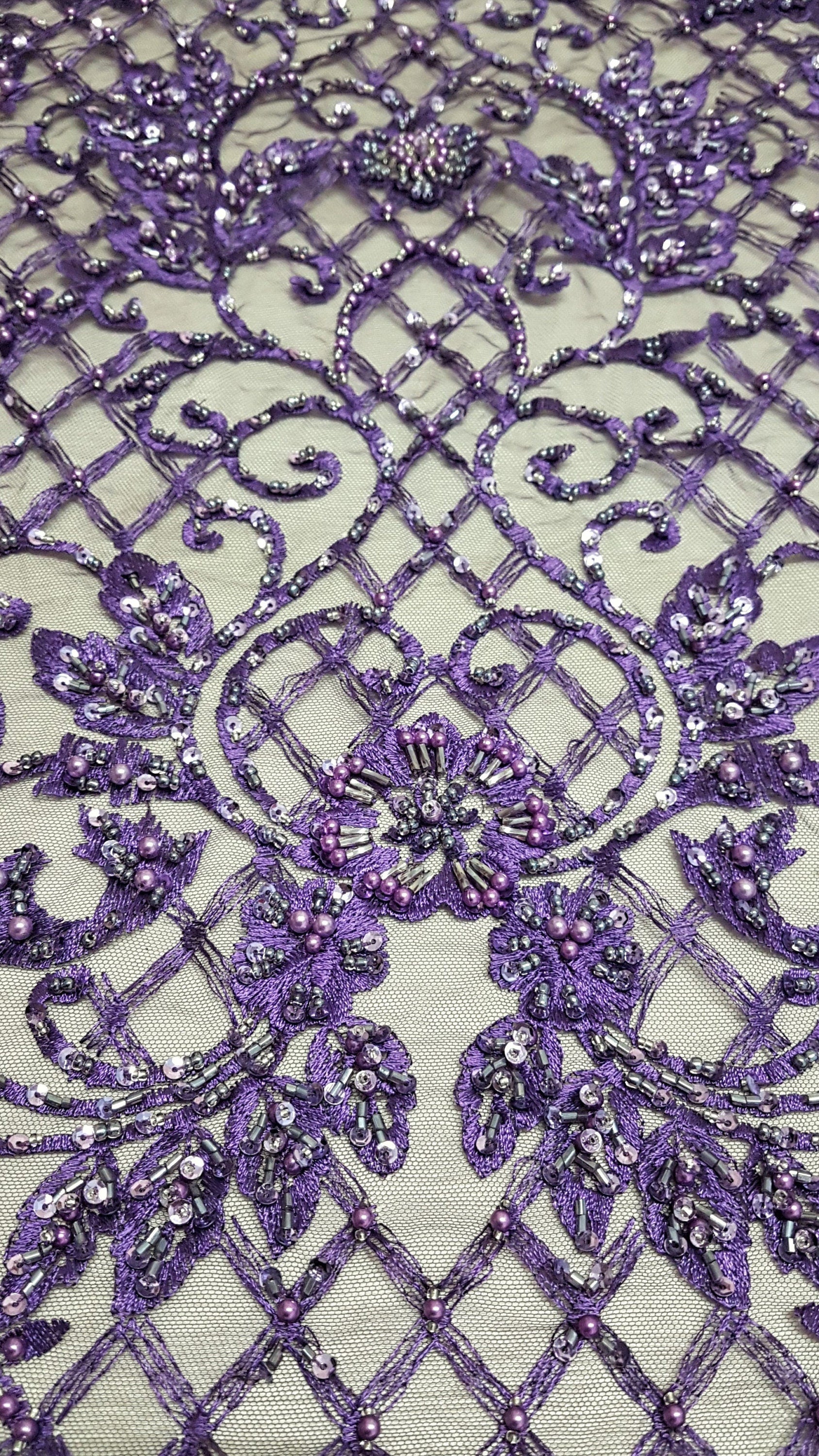 Ornamental lace fabric in purple color, Colored Bridal lace fabric, Embroidered lace fabric for wedding dresses or evening dresses LL-1308