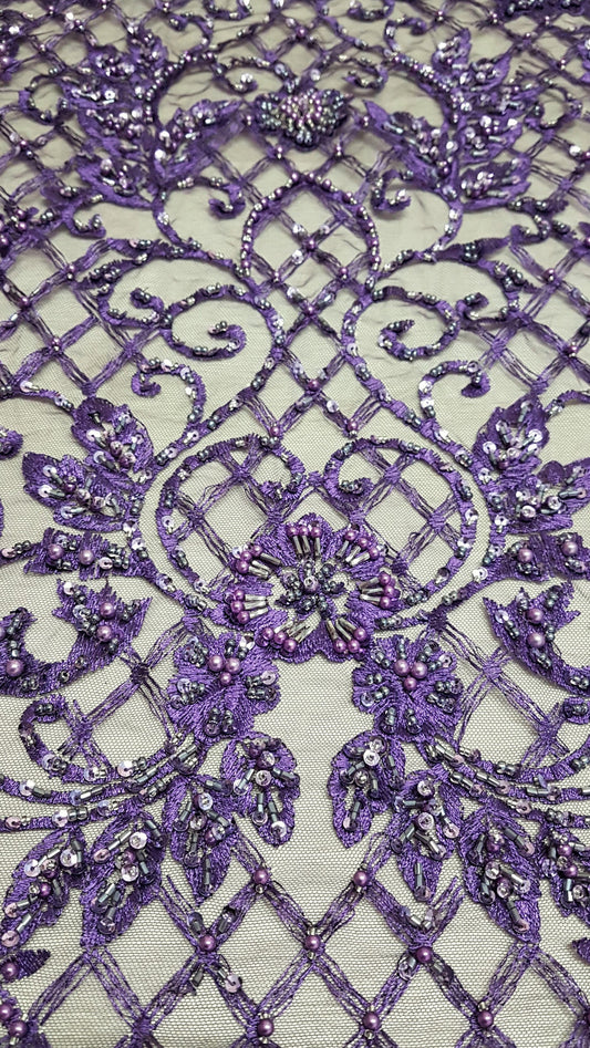 Ornamental lace fabric in purple color, Colored Bridal lace fabric, Embroidered lace fabric for wedding dresses or evening dresses LL-1308