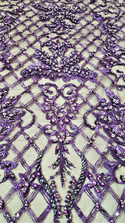 Ornamental lace fabric in purple color, Colored Bridal lace fabric, Embroidered lace fabric for wedding dresses or evening dresses LL-1308