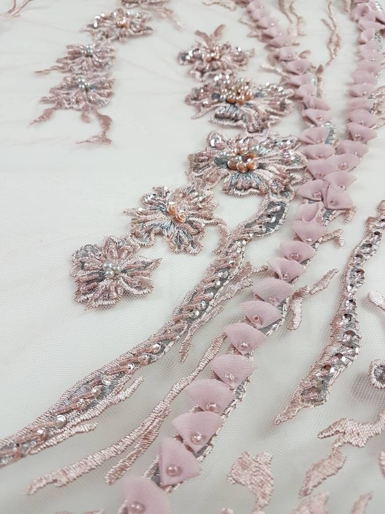 3D-Handbeaded Lace Fabric with Flowers, couture lace, bridal lace, evening dress fabric, embroidery fabric, Net lace LL-1294