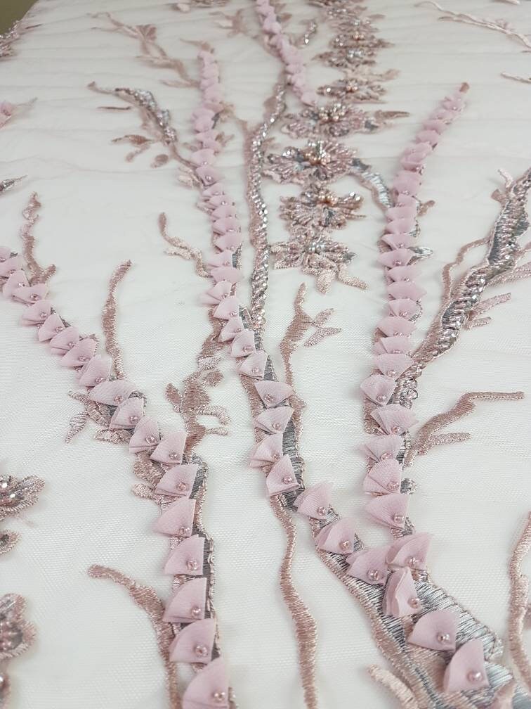 3D-Handbeaded Lace Fabric with Flowers, couture lace, bridal lace, evening dress fabric, embroidery fabric, Net lace LL-1294