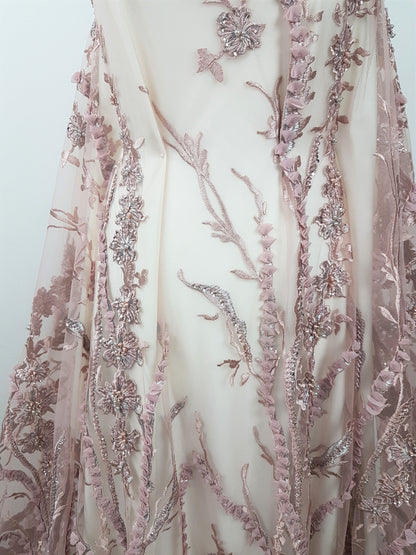 3D-Handbeaded Lace Fabric with Flowers, couture lace, bridal lace, evening dress fabric, embroidery fabric, Net lace LL-1294