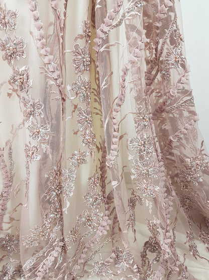 3D-Handbeaded Lace Fabric with Flowers, couture lace, bridal lace, evening dress fabric, embroidery fabric, Net lace LL-1294